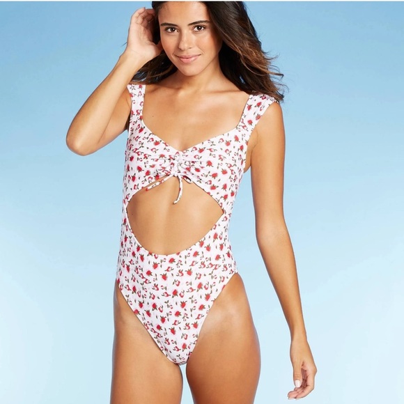 Target Pink White Floral One Piece Swimsuit Swim Bikini Cheeky Medium Strappy - Picture 1 of 12